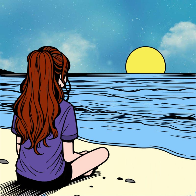 a girl watching the sunset on the horizon at ocean realistic