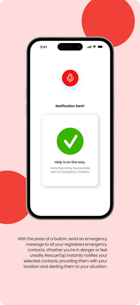 Rescuetap - RescueTap app screen confirming an emergency notification and voice recording have been sent to emergency contacts.