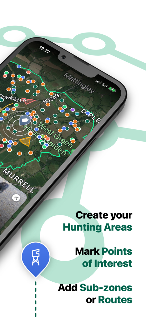 MyHunt app interface for creating hunting areas and marking points of interest on a GPS map