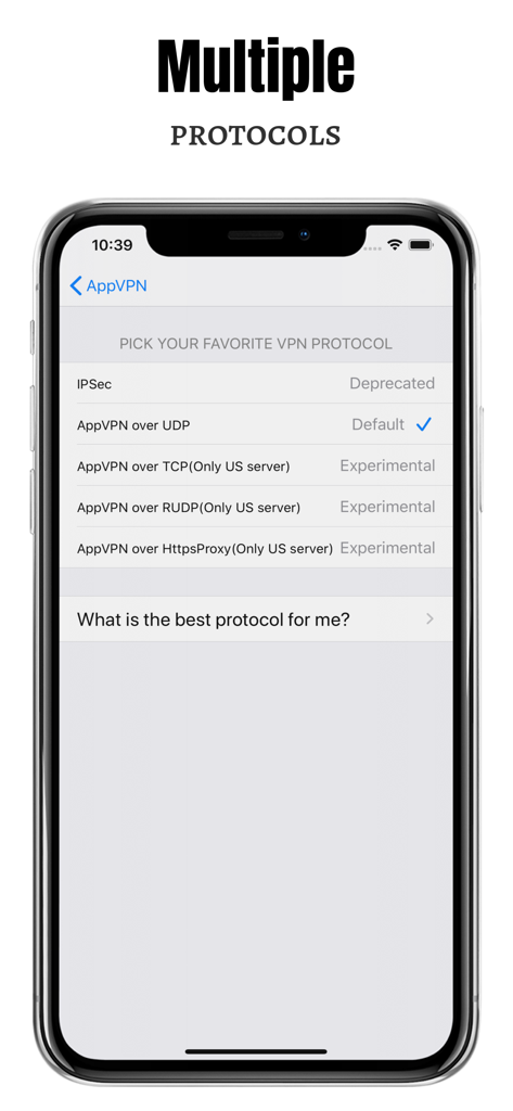 Best VPN Proxy AppVPN - AppVPN interface showing multiple VPN protocol options like UDP, TCP, and IPSec for custom connectivity.