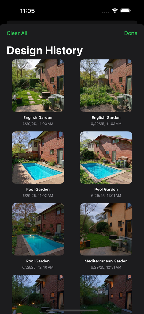 Garden Design: AI Planner - Una pantalla que muestra diseños de jardín generados previamente por IA en la pantalla de historial de diseño.