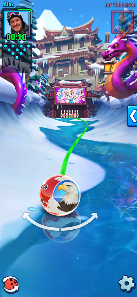 Bowling Crew — 3D Sport Game - 눈 덮인 용 테마 레인 위의 독수리 볼링공을 보여주는 볼링 크루 게임 플레이.