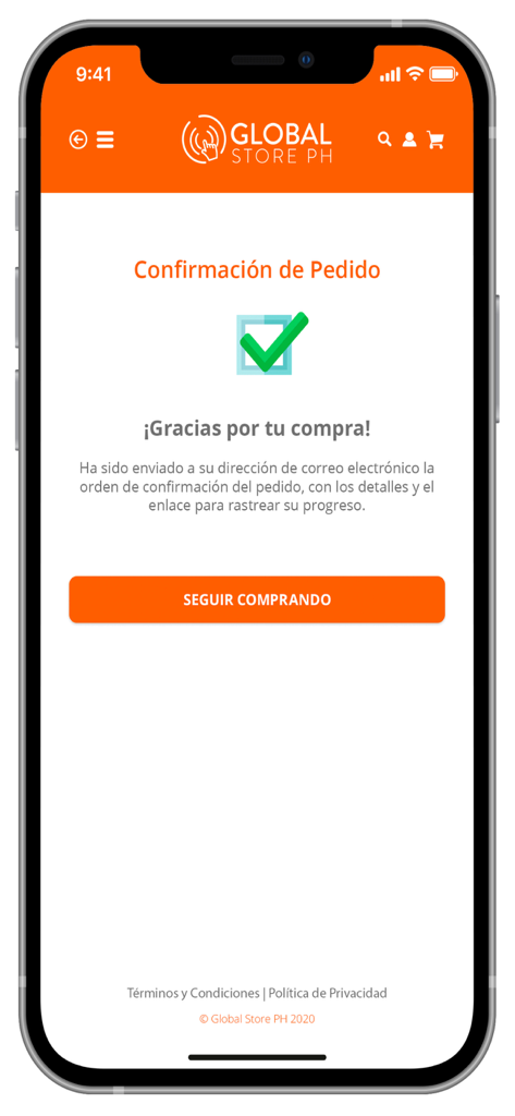 Tela de confirmação de pedido do aplicativo Global Store PH exibindo uma mensagem de agradecimento após uma compra
