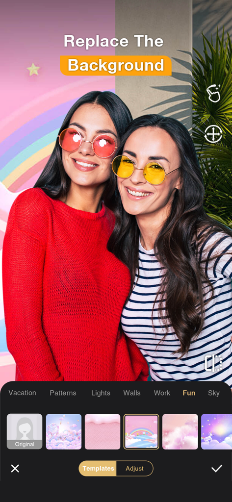 Perfect365 Studio AI | Images - Two women replacing a photo background using Perfect365 Studio AI creative tools.