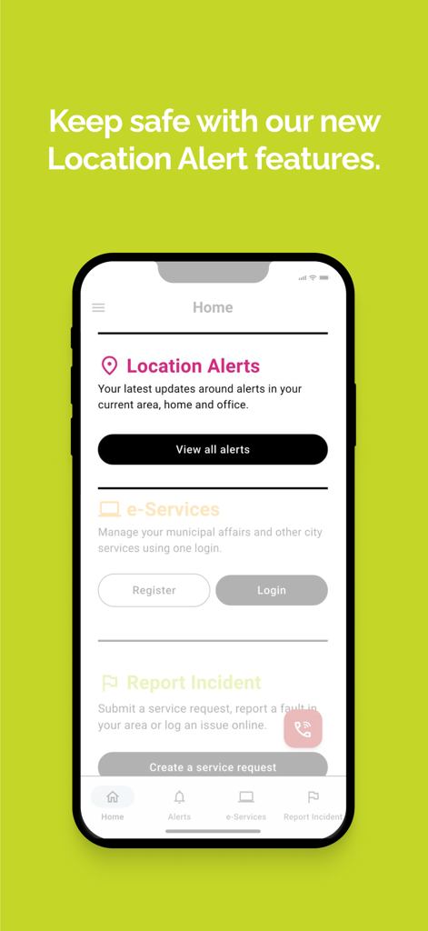 City of Cape Town - Pantalla de inicio de la aplicación de la Ciudad del Cabo mostrando alertas de ubicación y servicios electrónicos municipales sobre un fondo verde.