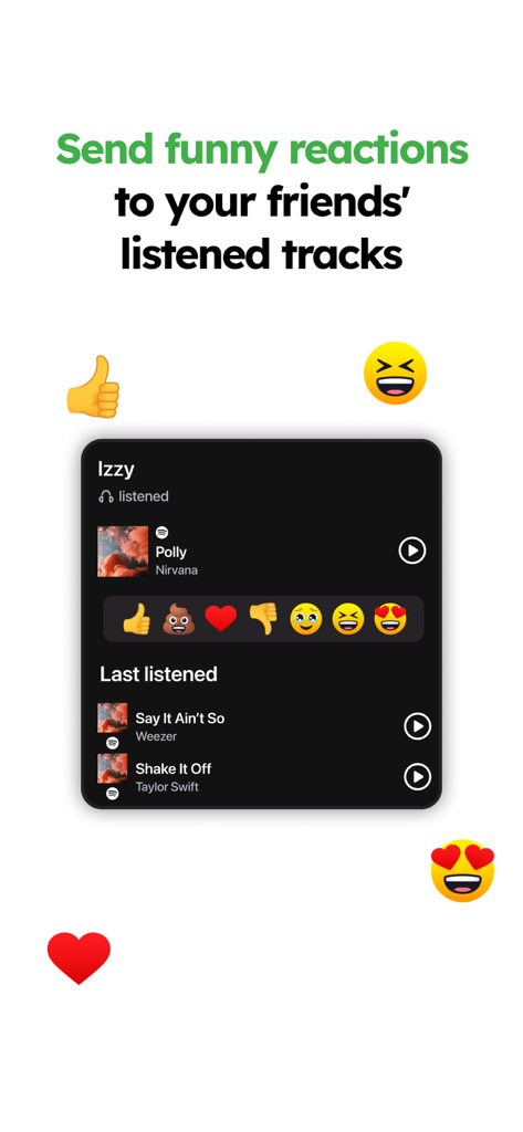 MUBR - see what friends listen - 친구들이 재생한 노래에 대한 이모티콘 반응을 보여주는 MUBR 앱 인터페이스