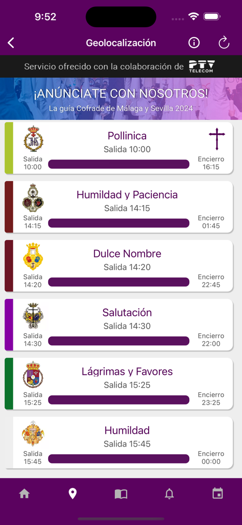 Interface de l'application El Penitente affichant une liste de confréries religieuses avec leurs heures de début et de fin de procession