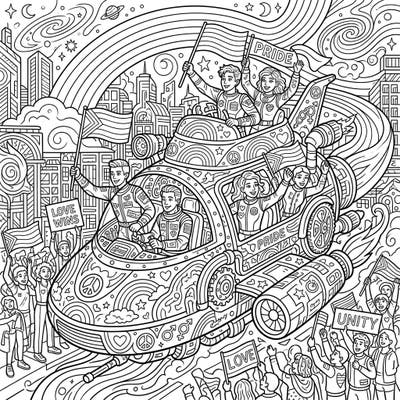 Embark on an epic journey with our diverse Time Machine Pilots as they celebrate Pride Month! This vibrant coloring page combines futuristic travel with heartwarming symbols of love and unity, perfect for an engaging coloring session.
