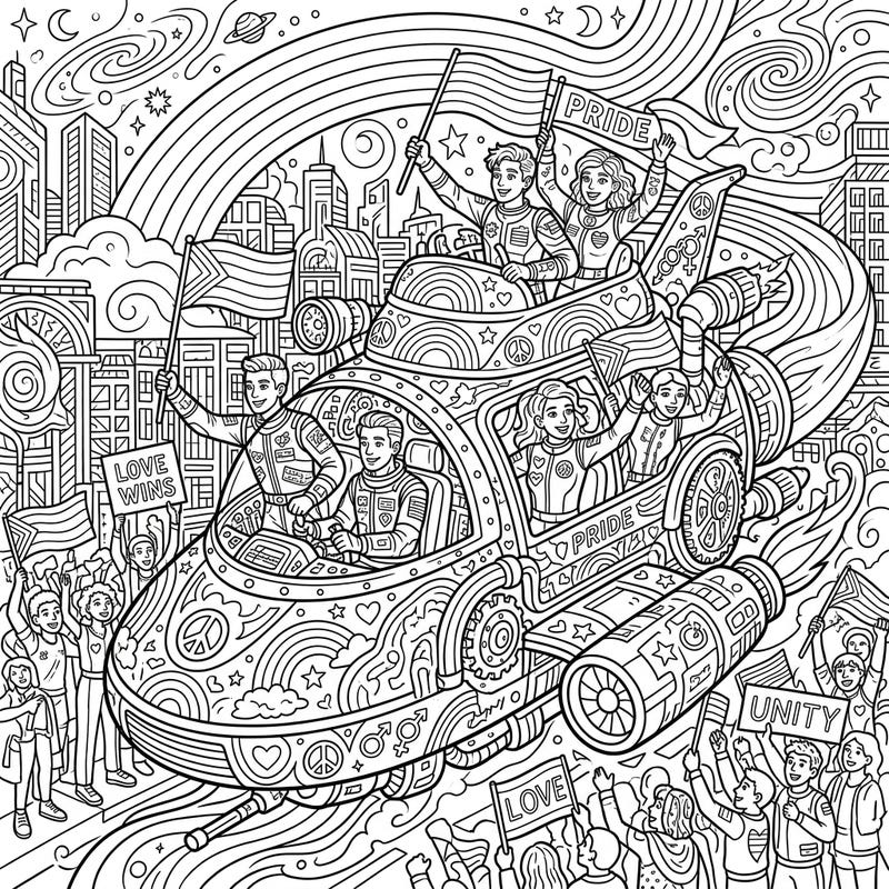 Embark on an epic journey with our diverse Time Machine Pilots as they celebrate Pride Month! This vibrant coloring page combines futuristic travel with heartwarming symbols of love and unity, perfect for an engaging coloring session.