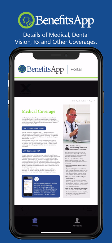 BenefitsAppポータル内の医療補償の詳細とプロバイダー情報を示すスマートフォン画面