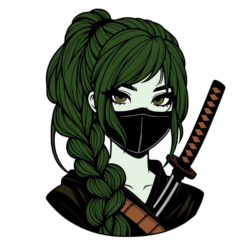 teenage girl ninja face half covered with mask long pigtail braids with katana in hand