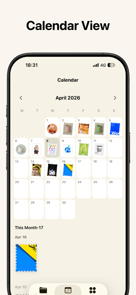 Stampie - Photo Stamps - A monthly calendar view in the Stampie app showing daily memories saved as decorative photo stamps.