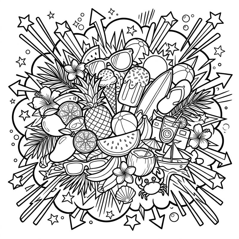 Get ready for a blast of creative fun with this energetic Pop Art explosion coloring page, packed with all your favorite summer vacation essentials. This dynamic design features bold outlines and a playful composition, inviting you to bring its sunny vibes to life with your most vibrant colors.