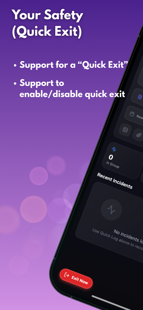 빠른 종료 안전 기능과 빨간색 지금 종료 버튼이 강조된 증거 추적기 앱 인터페이스