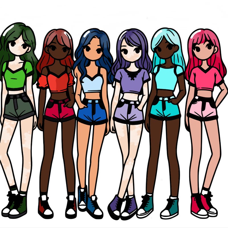 a group of girls wearing crop tops and shorts