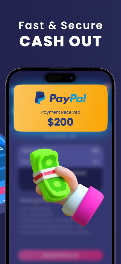 Spark Win Cash app screen showing a 200 dollar PayPal payment notification and a hand holding cash.