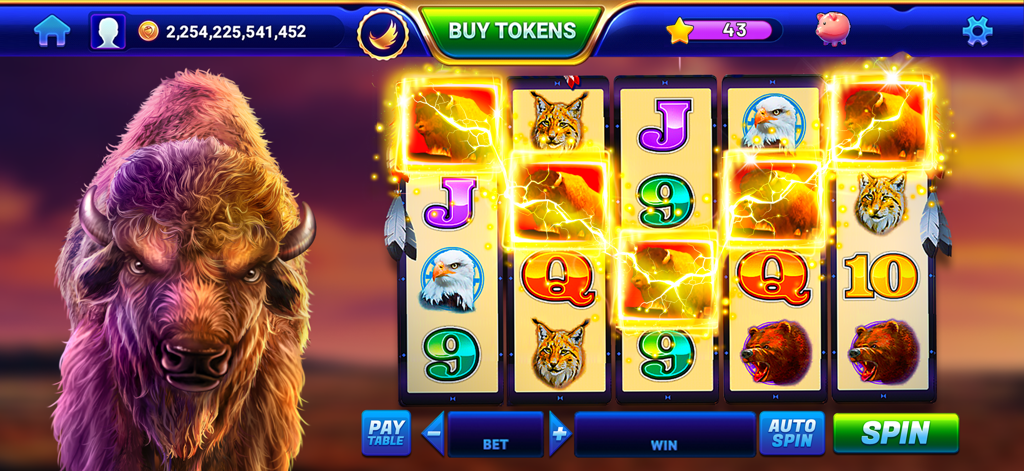 Gameplay screenshot of the American Buffalo slot machine in GSN Casino showing animal symbols and winning reels.