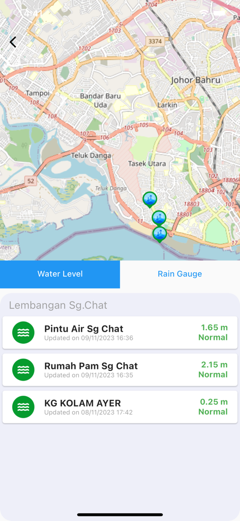 SAIFON - SAIFON app interface displaying real-time water level sensor data on a map and station list.