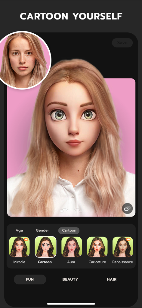 Das Gesicht einer jungen Frau wurde mit dem Cartoon-Filter der FaceLab-App in einen 3D-Animationsstil verwandelt.