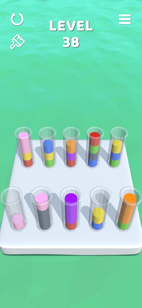 Sort It 3D - Sort It 3Dゲームプレイ。色分けされた円筒がガラスチューブに入っている様子。