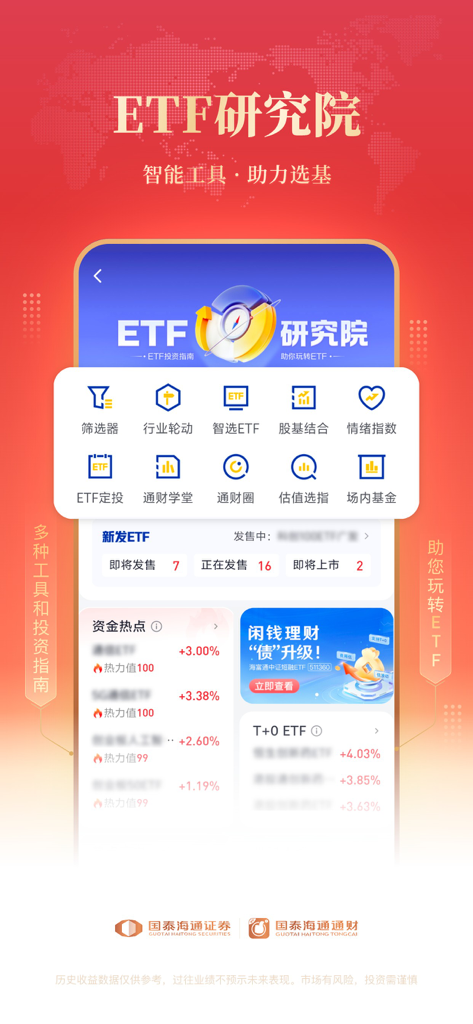 Interface de l'application Guotai Haitong Tongcai montrant l'Institut de recherche sur les ETF avec divers outils intelligents pour la sélection de fonds et l'analyse de marché.