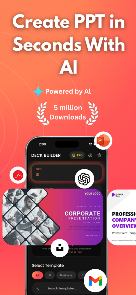 AI Slides: PPT Deck Builder - AI Slides app interface for creating professional PowerPoint presentations with AI templates and prompts