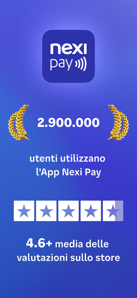 Nexi Pay app marketing screen showing 2.9 million users and a 4.6 plus average rating