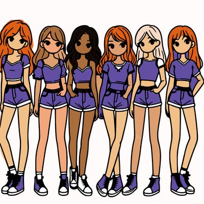 a group of girls wearing crop tops and shorts