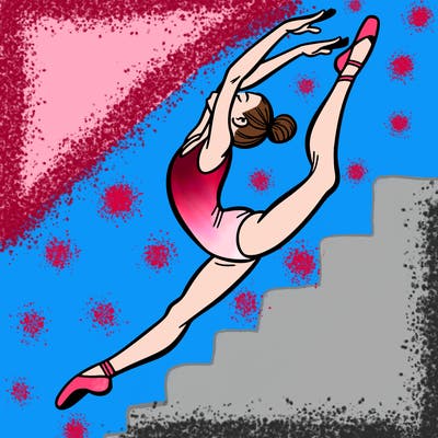gymnast doing a leap in a leotard with a bent back leg