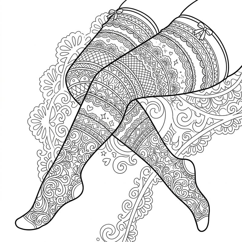 Dive into the detailed world of fashion with this stunning thigh-high stockings coloring page. Explore a tapestry of intricate patterns and delicate designs, ready for your artistic touch.
