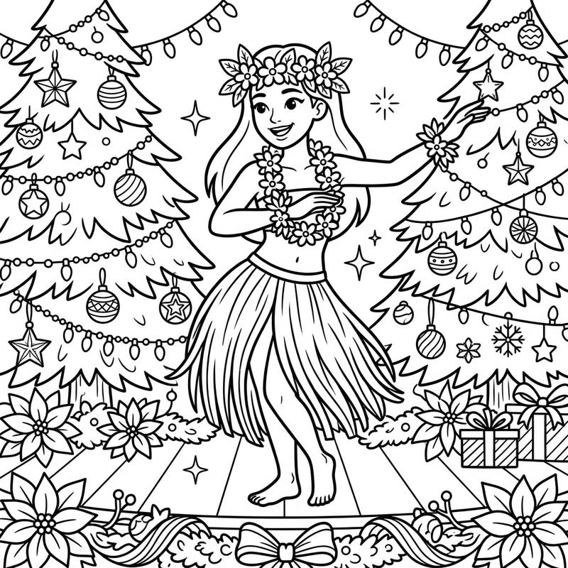 Experience the magic of a Hawaiian Christmas with this delightful Hula dancer coloring page. Bring to life a festive scene where tropical grace meets holiday cheer, perfect for all ages.