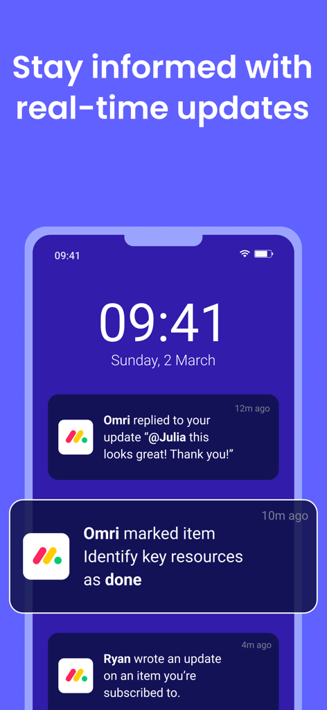 monday.com - Work Platform - Smartphone lock screen showing real-time project updates and task notifications from the monday.com mobile app