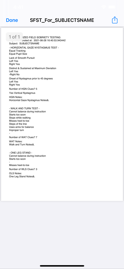 SFST Field Notepad - A timestamped PDF report generated by the SFST Field Notepad app showing sobriety test results for Horizontal Gaze Nystagmus, Walk and Turn, and One Leg Stand.
