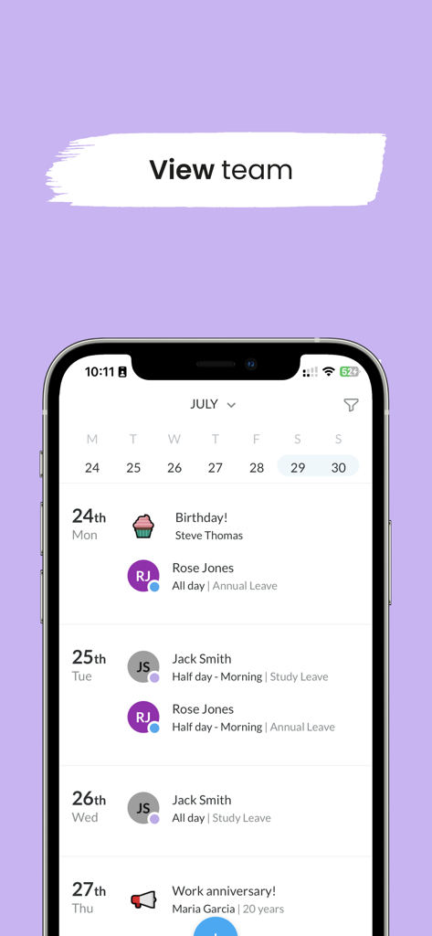 Vista del calendario del team sull'app mobile Leave Dates che mostra ferie dei dipendenti e traguardi