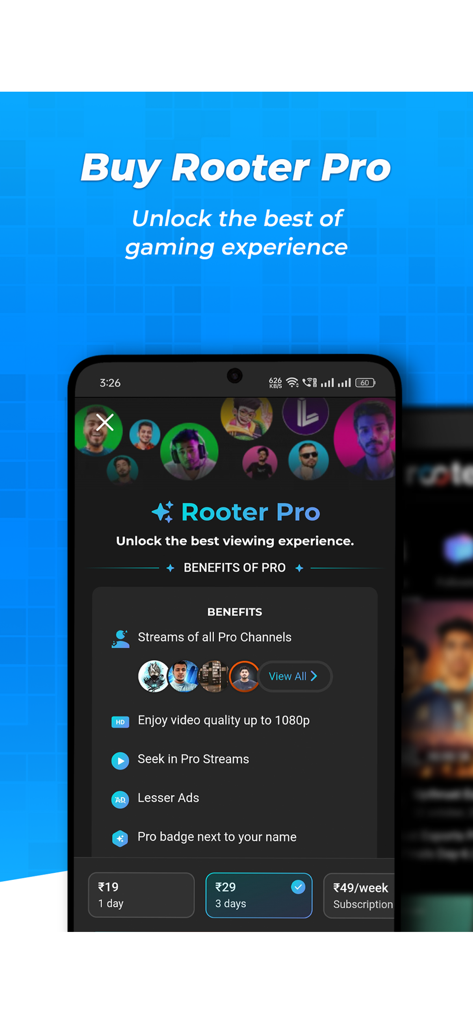 Rooter: Watch Gaming & Esports - Pantalla de la aplicación móvil que muestra los planes de suscripción de Rooter Pro y los beneficios premium, incluyendo streaming en alta definición y visualización sin anuncios