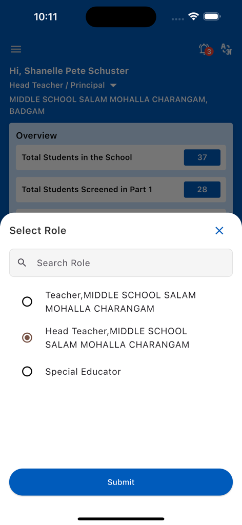 Role selection interface in the PRASHAST app showing options for Teacher Head Teacher and Special Educator