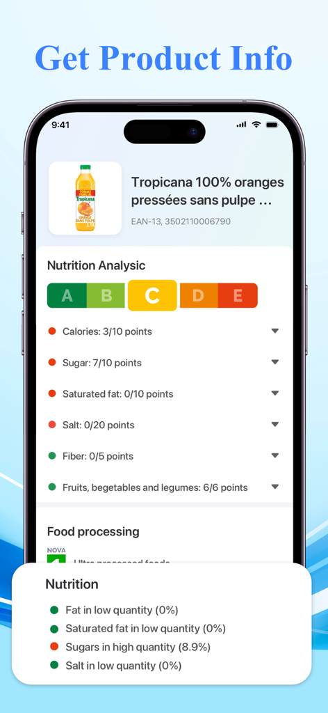 Pantalla de smartphone que muestra el análisis nutricional y las puntuaciones de procesamiento de alimentos en la aplicación ScanWallet