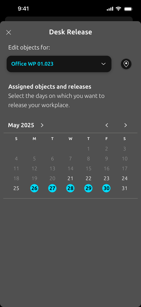 Gingco Share - Gingco Share app interface for desk release showing a monthly calendar view