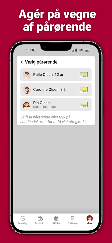 MineAftaler 앱에서 가족 구성원의 예약 선택 및 관리 사용자 인터페이스