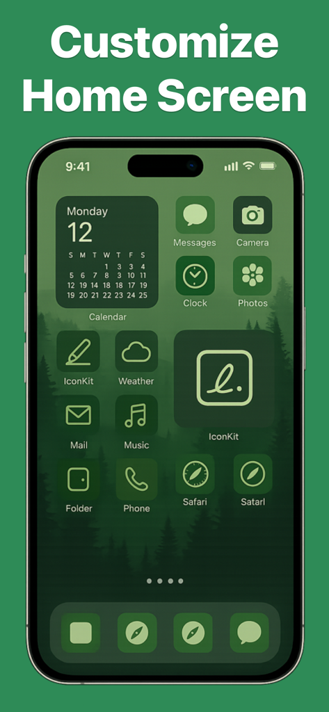 Custom App Icon Maker: IconKit - Custom green aesthetic iPhone home screen with personalized icons and widgets