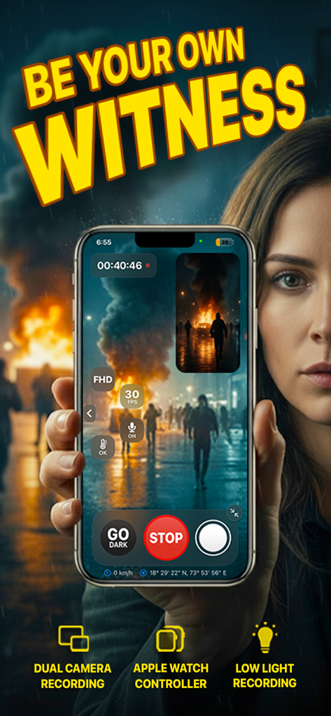 Lookout Dual Camera Recorder - iPhone displaying Lookout Dual Camera Recorder interface with dual camera video and GPS data