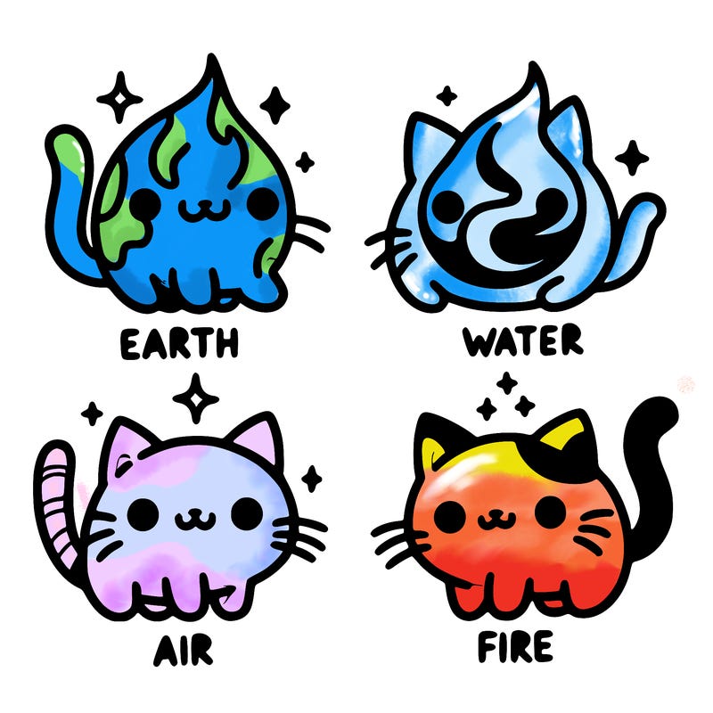 4 cats that represent the different elements, earth, water, air, and fire