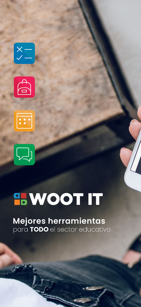 WOOT IT app interface displaying school management features for the education sector