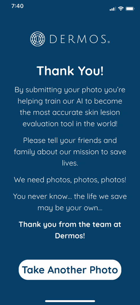Dermos - Dermos app thank you screen after submitting a skin lesion photo to help train medical AI