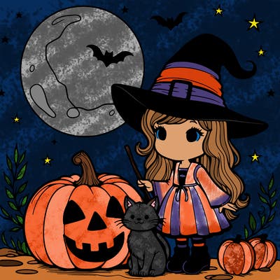 witch with a pumpkin and a cat