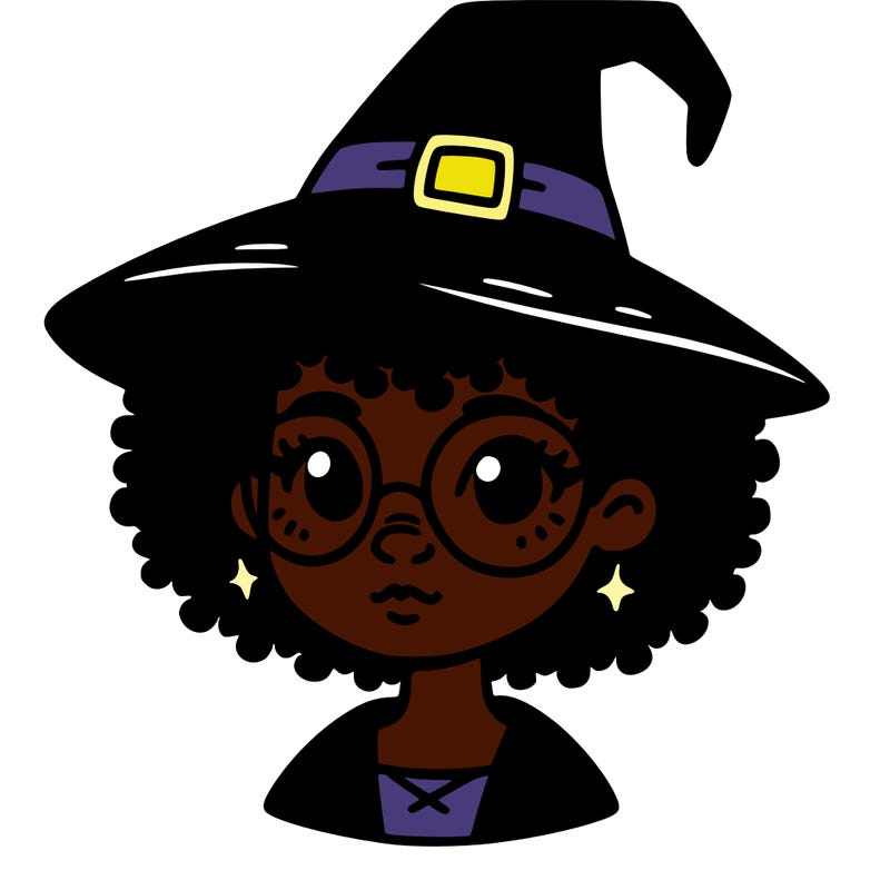 a black person who is a witch and has glasses