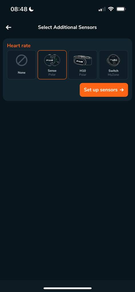 Calibre Biometrics - Screen for connecting external heart rate sensors like Polar and MyZone to the Calibre Biometrics app