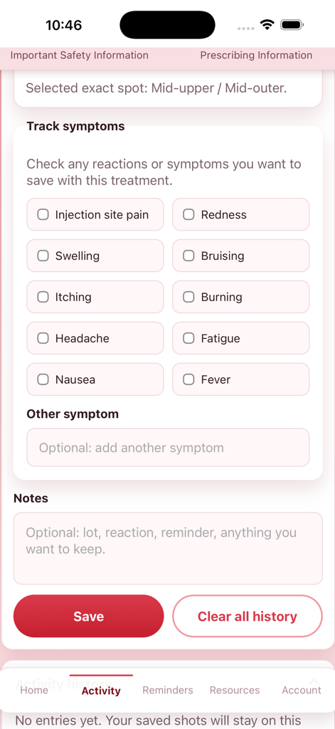 DoseTrack Injection Log - DoseTrack app screen for logging injection symptoms and reactions
