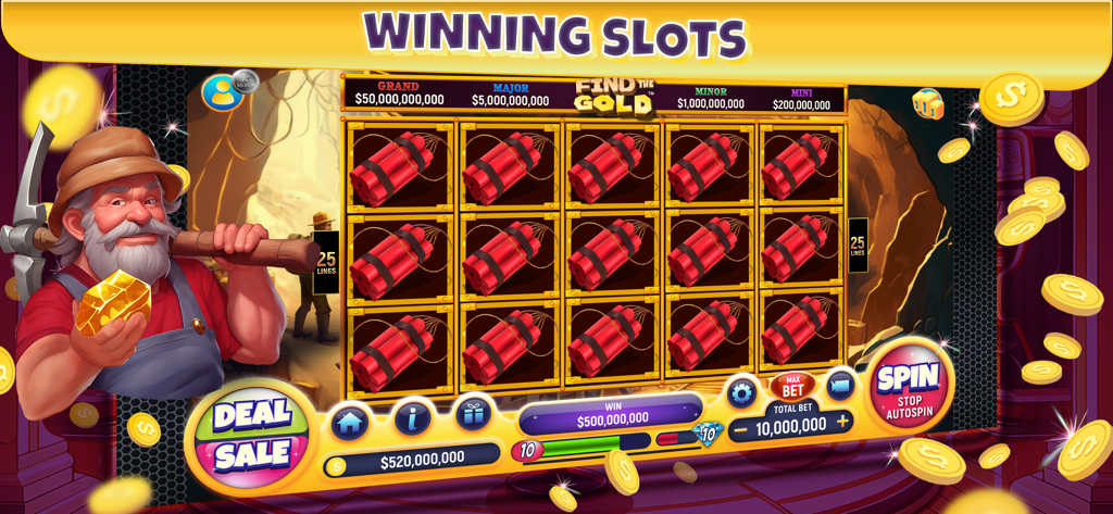 NG Slot - Vegas Casino Games - 광부 캐릭터와 잭팟 상금이 있는 Find the Gold 슬롯 머신을 보여주는 NG Slot Vegas Casino Games