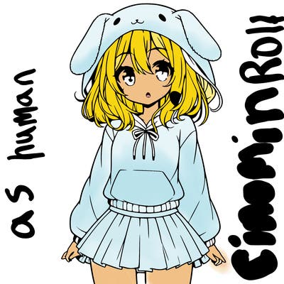 pretty anime girl wearing a fluffy hoodie with bunny ears on the hood and a skirt